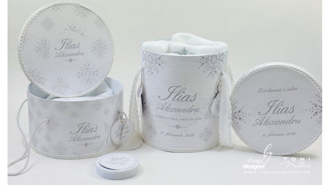 Trusou de botez alb cu gri si dantela bumbac brodata Fulg de Nea 24